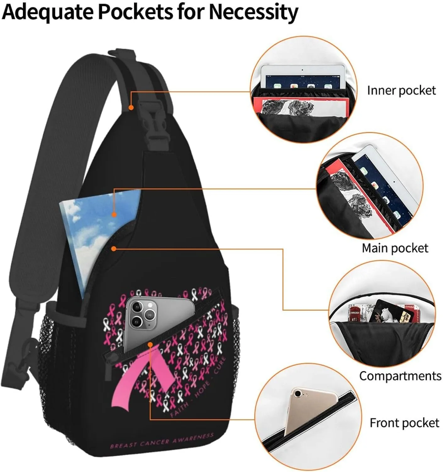Breast Cancer Awareness Ribbon Faith Hope Love Sunflower Crossbody Bag Sling Bag Chest Bags Travel Shoulder Backpack