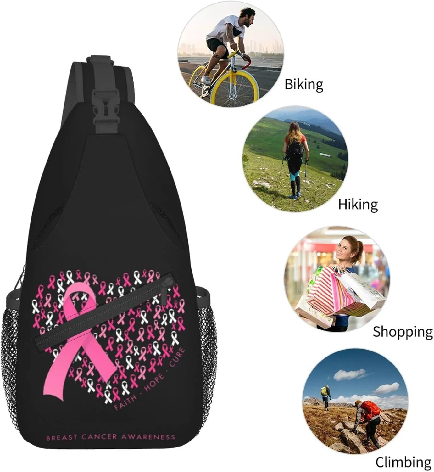 Breast Cancer Awareness Ribbon Faith Hope Love Sunflower Crossbody Bag Sling Bag Chest Bags Travel Shoulder Backpack