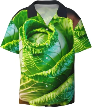 Bright Cabbage Print Mens Polyester Shirt Short Sleeve Button Down Summer Beach Shirts
