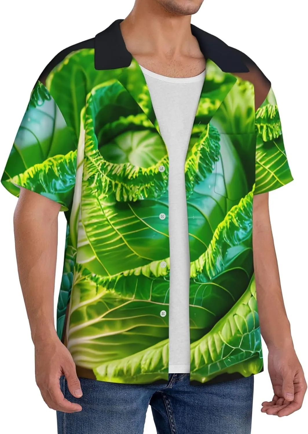Bright Cabbage Print Mens Polyester Shirt Short Sleeve Button Down Summer Beach Shirts