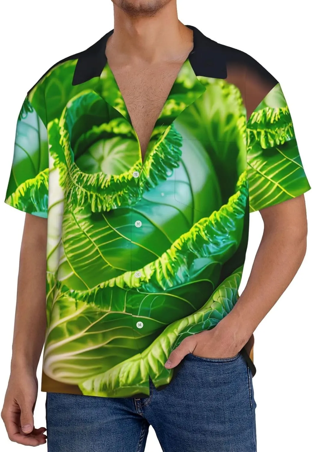 Bright Cabbage Print Mens Polyester Shirt Short Sleeve Button Down Summer Beach Shirts