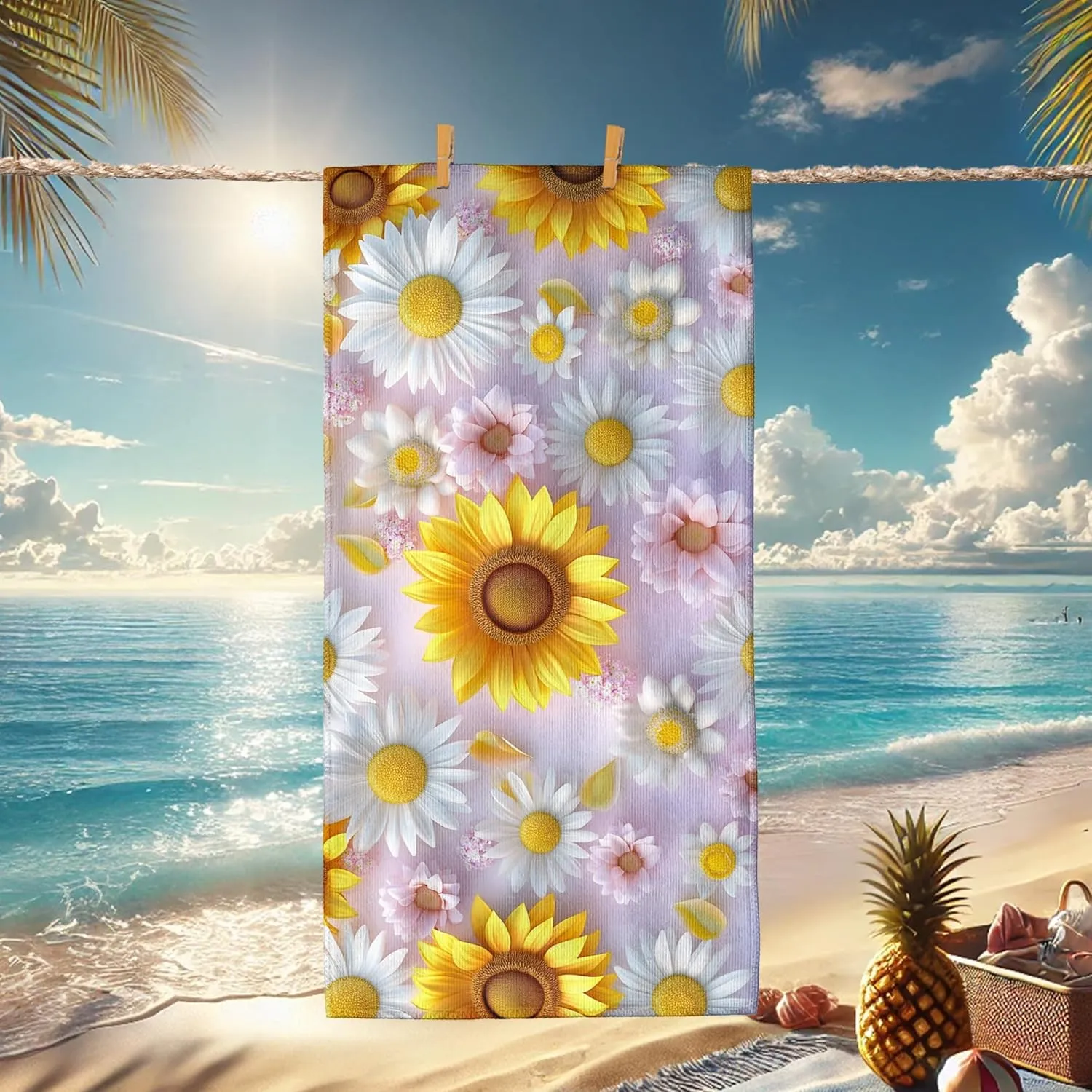 Bright Floral Microfiber Beach Towel Sunny Daisy Sunflower Pattern Quick Dry Soft Sand Free Lightweight Beach Blanket Vacation Picnic Essentials 62x31 Inch