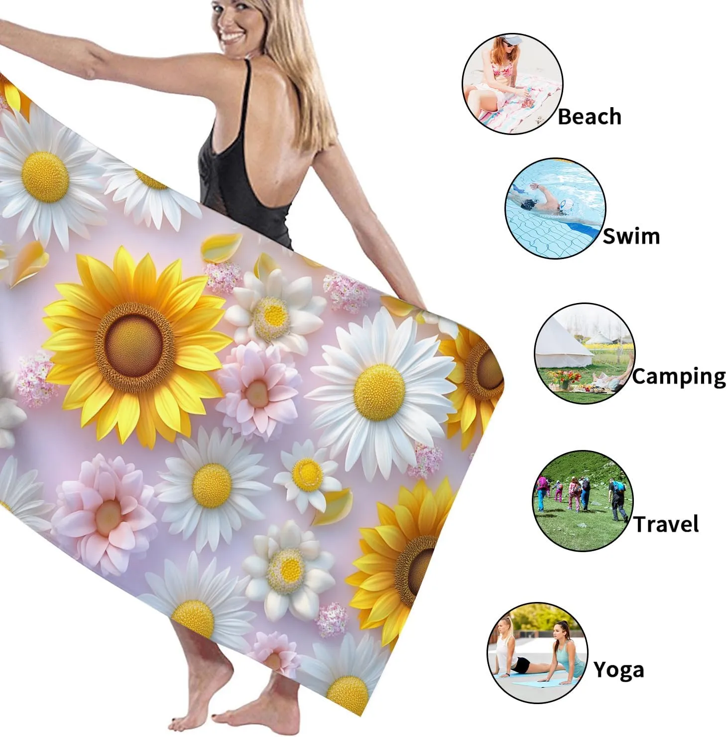 Bright Floral Microfiber Beach Towel Sunny Daisy Sunflower Pattern Quick Dry Soft Sand Free Lightweight Beach Blanket Vacation Picnic Essentials 62x31 Inch