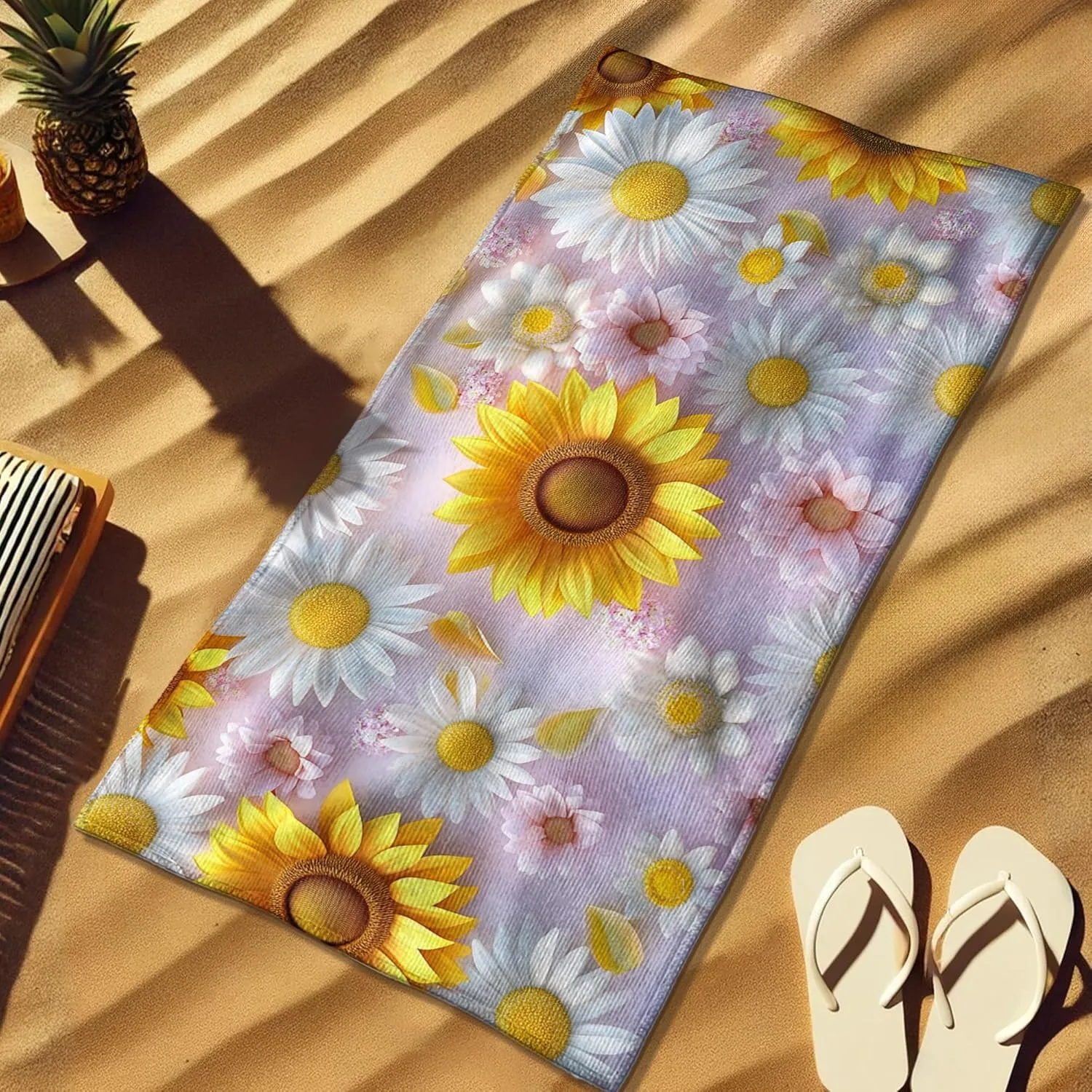 Bright Floral Microfiber Beach Towel Sunny Daisy Sunflower Pattern Quick Dry Soft Sand Free Lightweight Beach Blanket Vacation Picnic Essentials 62x31 Inch