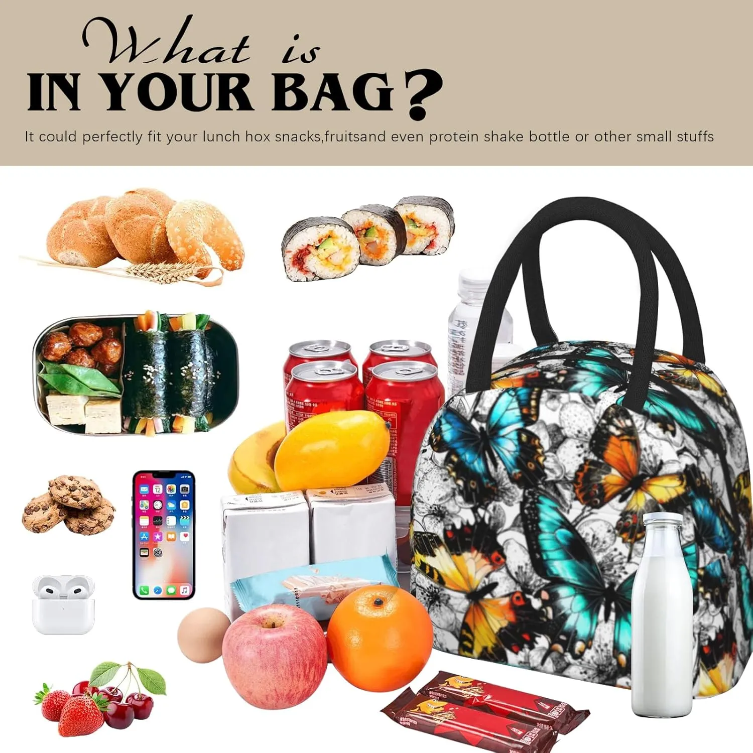 Butterfly Lunch Bag Reusable Black and White Leakproof Insulated Lunch Box Cooler Tote Bag Food Snack Container Box for Men Women Adult Work Travel Picnic