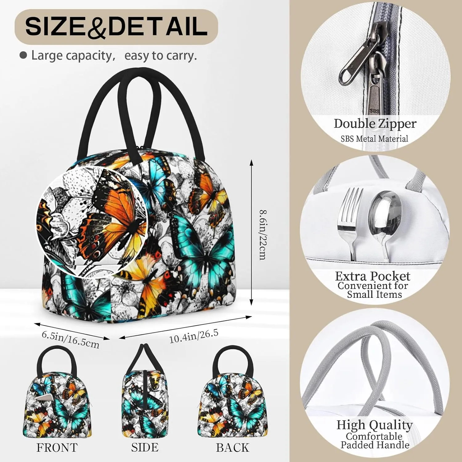 Butterfly Lunch Bag Reusable Black and White Leakproof Insulated Lunch Box Cooler Tote Bag Food Snack Container Box for Men Women Adult Work Travel Picnic