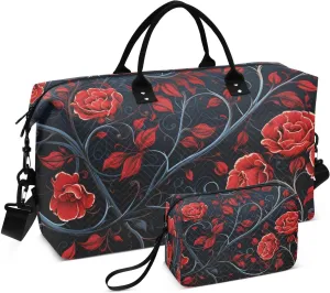 CEBUGI Red Flowers with Thorn Quilted Duffle Bag for Women Large Carry On Travel Weekend Bag Hospital Bags for Labor and Delivery