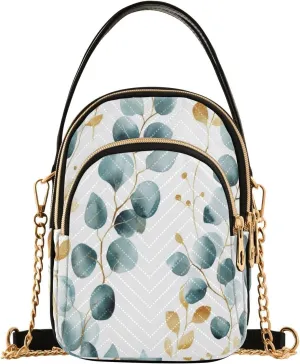 Chain Crossbody Bags for Women Botanical Eucalyptus Leaves Gold Blue Green Quilted Shoulder Handbags Travel Cross Body Cell Phone Purses Bags
