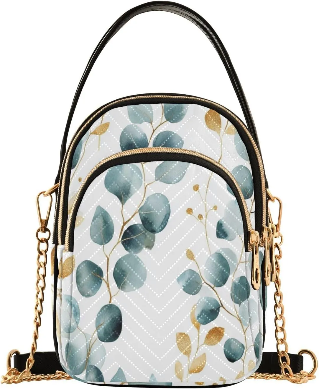 Chain Crossbody Bags for Women Botanical Eucalyptus Leaves Gold Blue Green Quilted Shoulder Handbags Travel Cross Body Cell Phone Purses Bags