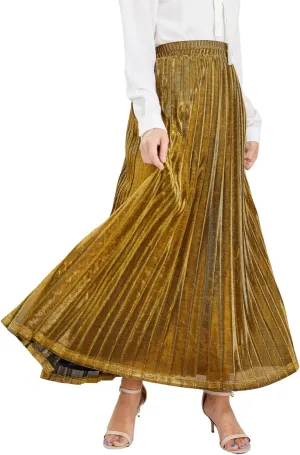 CHARTOU Women's Premium Metallic Shiny Shimmer Accordion Pleated Long Maxi Skirt