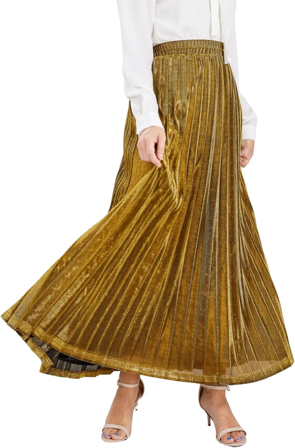 CHARTOU Women's Premium Metallic Shiny Shimmer Accordion Pleated Long Maxi Skirt