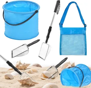 CIEOVO 4 Pcs Beach Sand Sifter Set Include Foldable Beach Bucket Beach Mesh Shovel Seashell Mesh Bags Adjustable Handle Scoop Tool for Picking Up Shells Beach Combing Rock Hunting