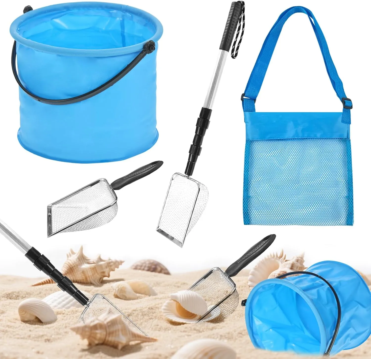 CIEOVO 4 Pcs Beach Sand Sifter Set Include Foldable Beach Bucket Beach Mesh Shovel Seashell Mesh Bags Adjustable Handle Scoop Tool for Picking Up Shells Beach Combing Rock Hunting