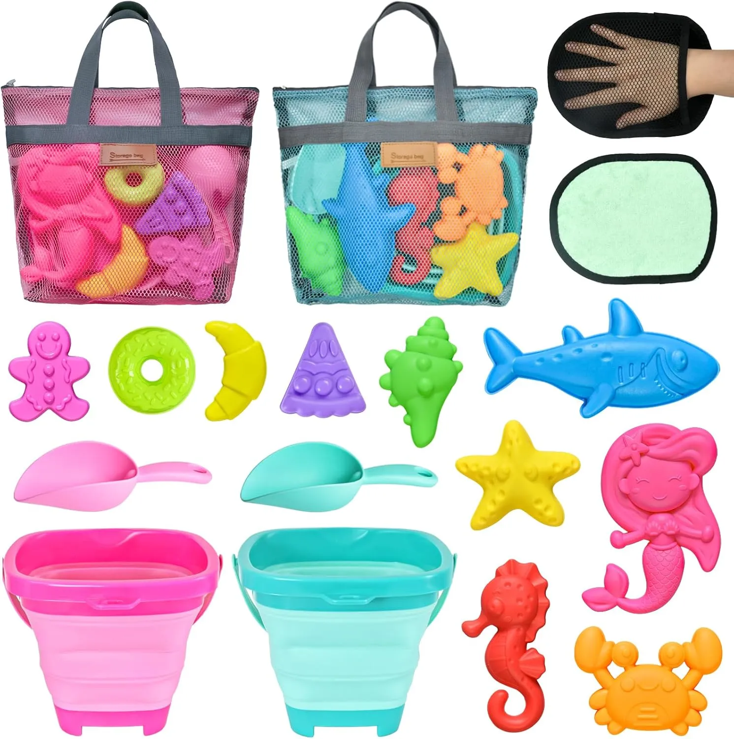 Collapsible Beach Toys for Kids - 2 Collapsible Buckets, Mesh Bags, Animal Sand Molds, Shovel Set for Toddler Kids Ages 3-5-7