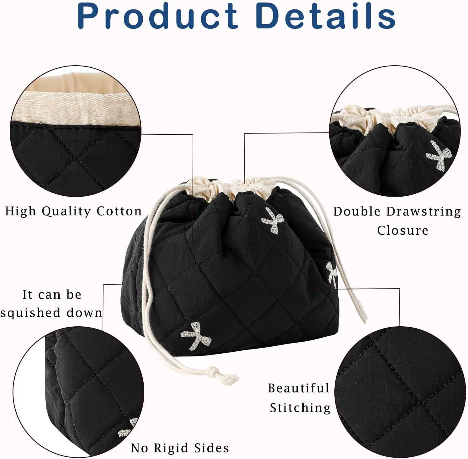 Cotton Quilted Drawstring Makeup Bag with Canvas Lining,Coquette Aesthetic Cute Travel Toiletry Bag,Drawstring Gift Bag for Women and Girls（06Black Bows）