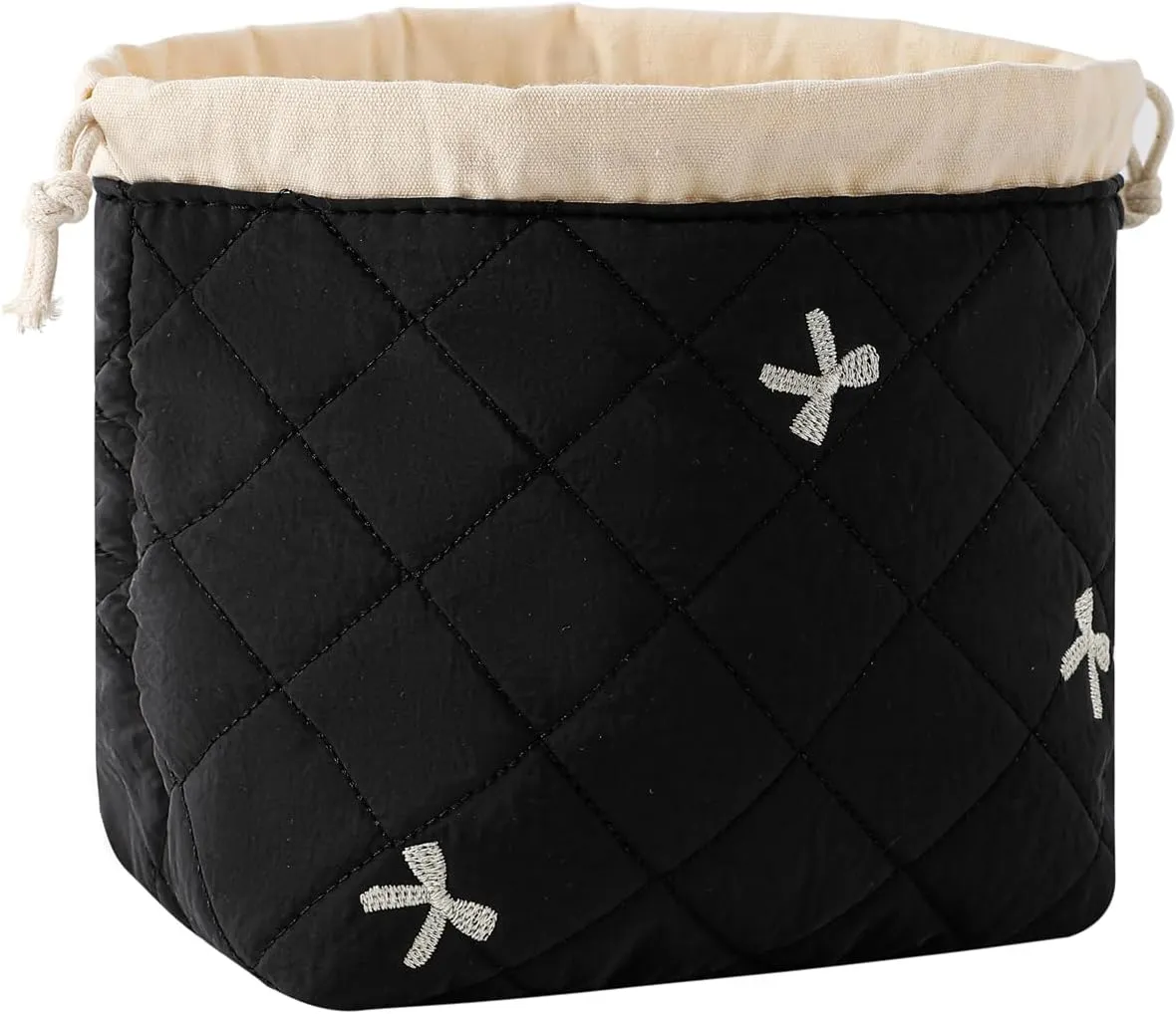 Cotton Quilted Drawstring Makeup Bag with Canvas Lining,Coquette Aesthetic Cute Travel Toiletry Bag,Drawstring Gift Bag for Women and Girls（06Black Bows）