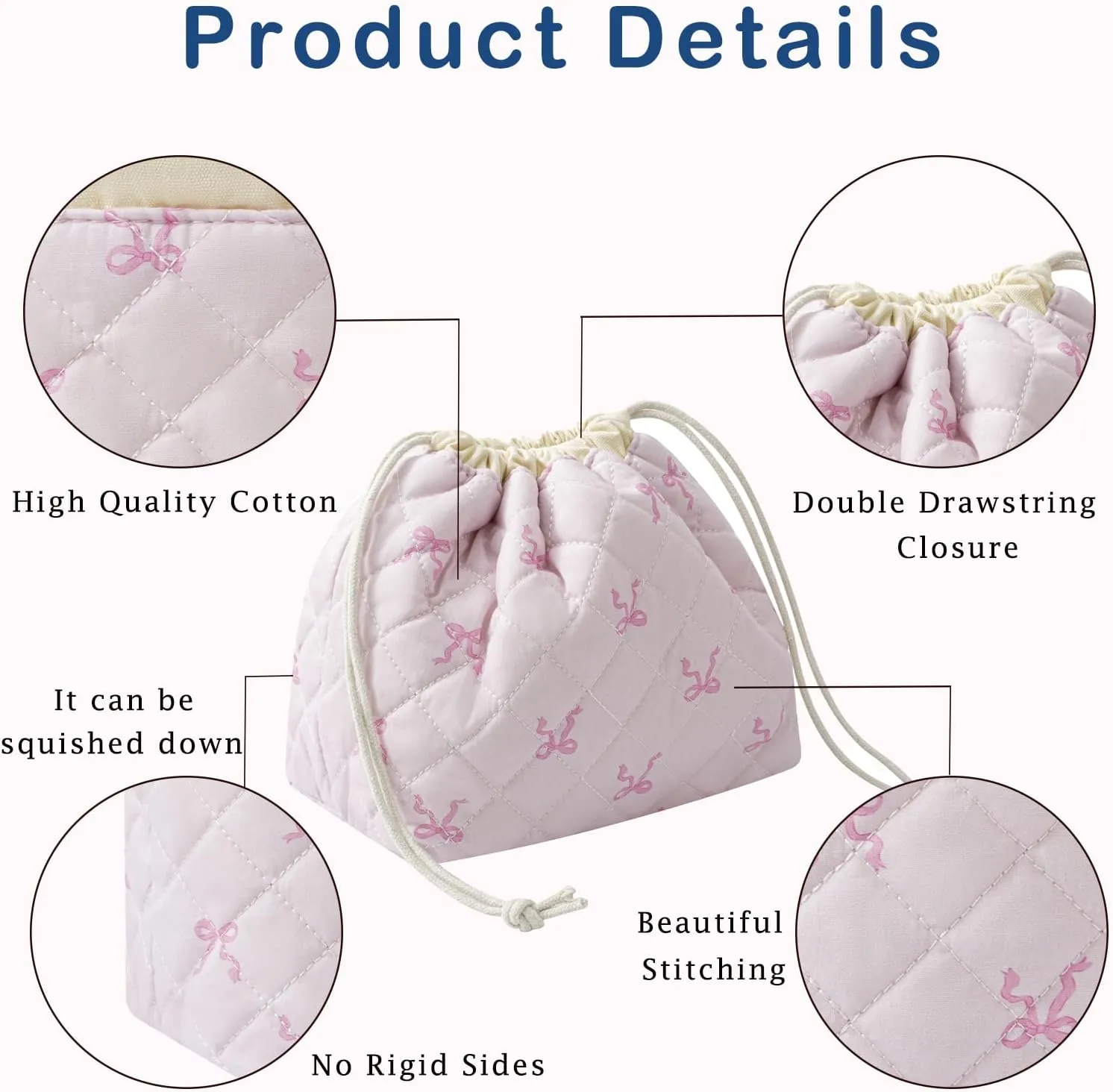 Cotton Quilted Drawstring Makeup Bag with Canvas Lining,Coquette Aesthetic Cute Travel Toiletry Bag,Drawstring Gift Bag for Women and Girls（13Small Pink Bow）