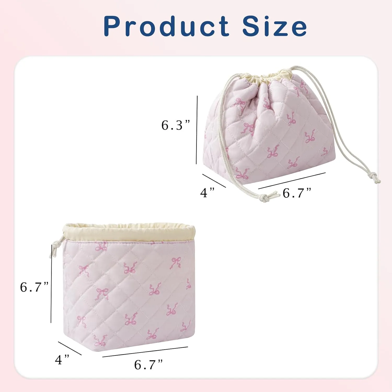 Cotton Quilted Drawstring Makeup Bag with Canvas Lining,Coquette Aesthetic Cute Travel Toiletry Bag,Drawstring Gift Bag for Women and Girls（13Small Pink Bow）