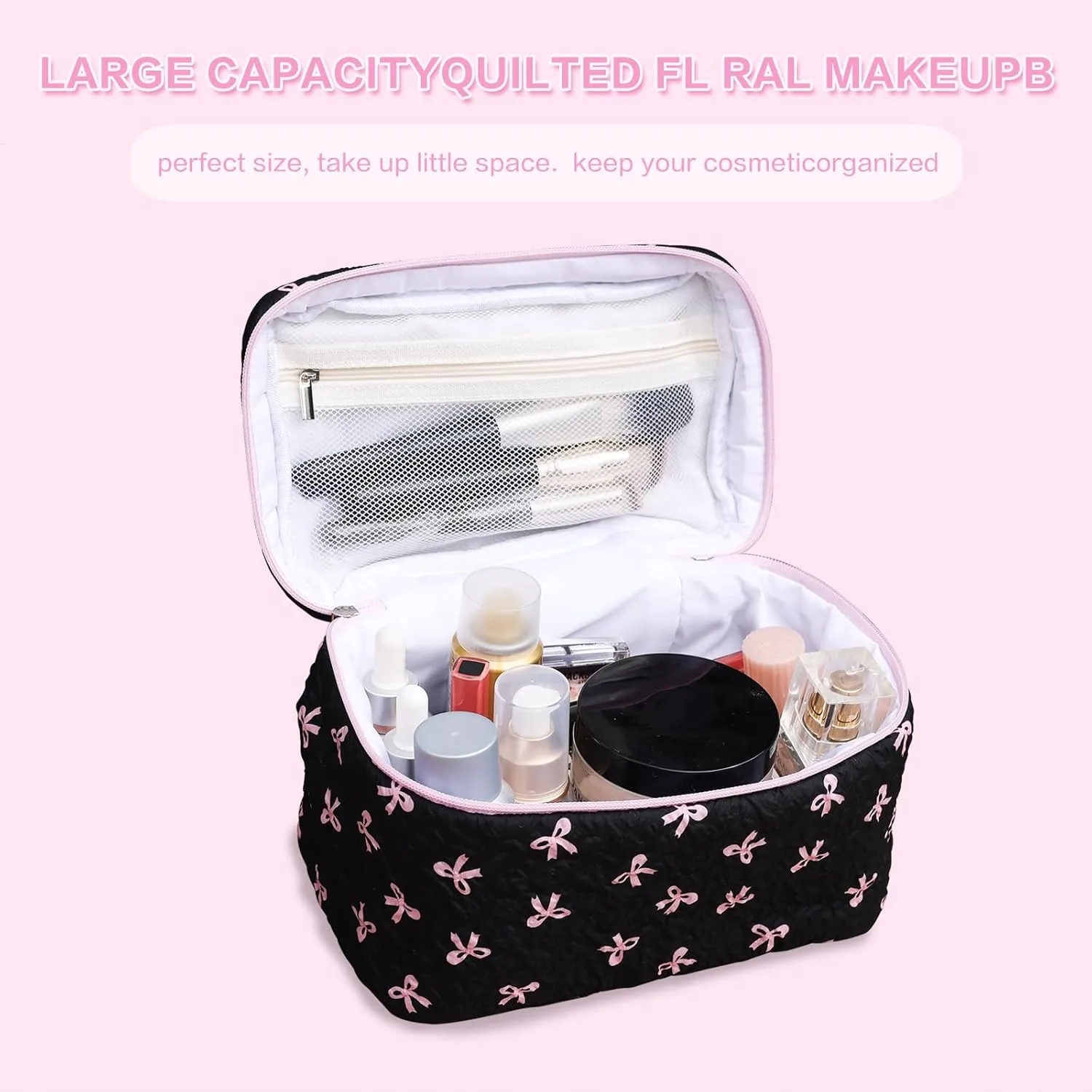 Cotton Quilted Makeup Bag Coquette Accessories Make up Bag Organizer Cute Bow Floral Cosmetic Pouch Travel Makeup Bag Mystery black Pure white (White black bow-02)
