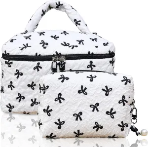 Cotton Quilted Makeup Bag Coquette Accessories Make up Bag Organizer Cute Bow Floral Cosmetic Pouch Travel Makeup Bag Mystery black Pure white (White black bow-02)