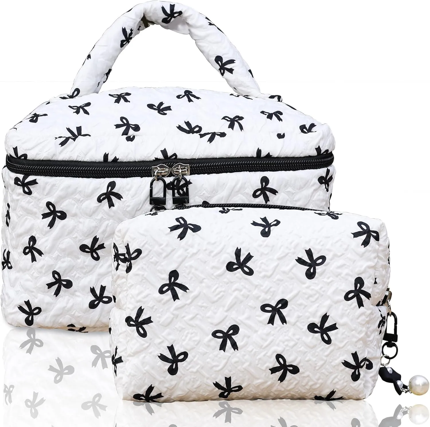 Cotton Quilted Makeup Bag Coquette Accessories Make up Bag Organizer Cute Bow Floral Cosmetic Pouch Travel Makeup Bag Mystery black Pure white (White black bow-02)