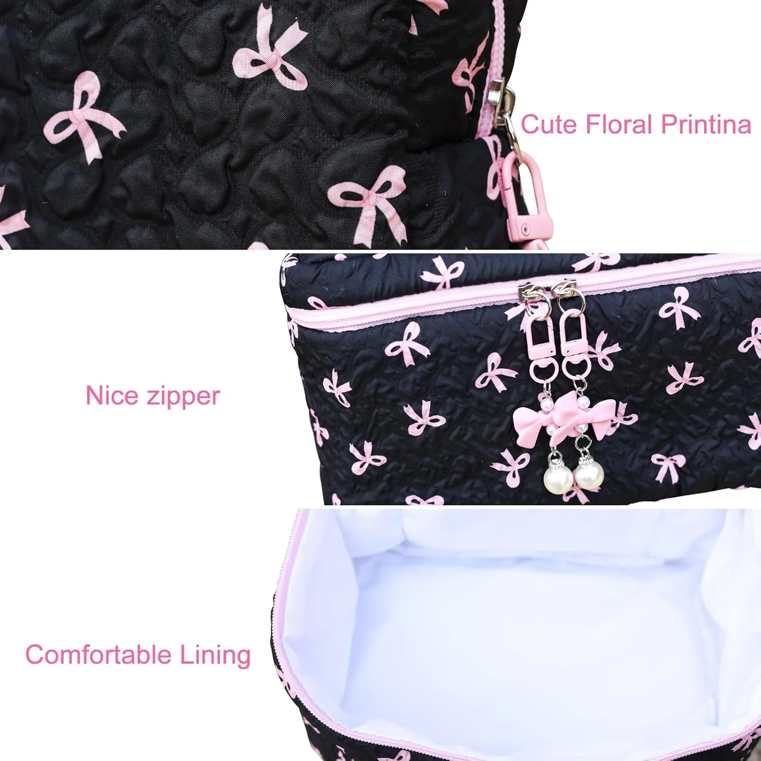 Cotton Quilted Makeup Bag Coquette Accessories Make up Bag Organizer Cute Bow Floral Cosmetic Pouch Travel Makeup Bag Mystery black Pure white (White black bow-02)