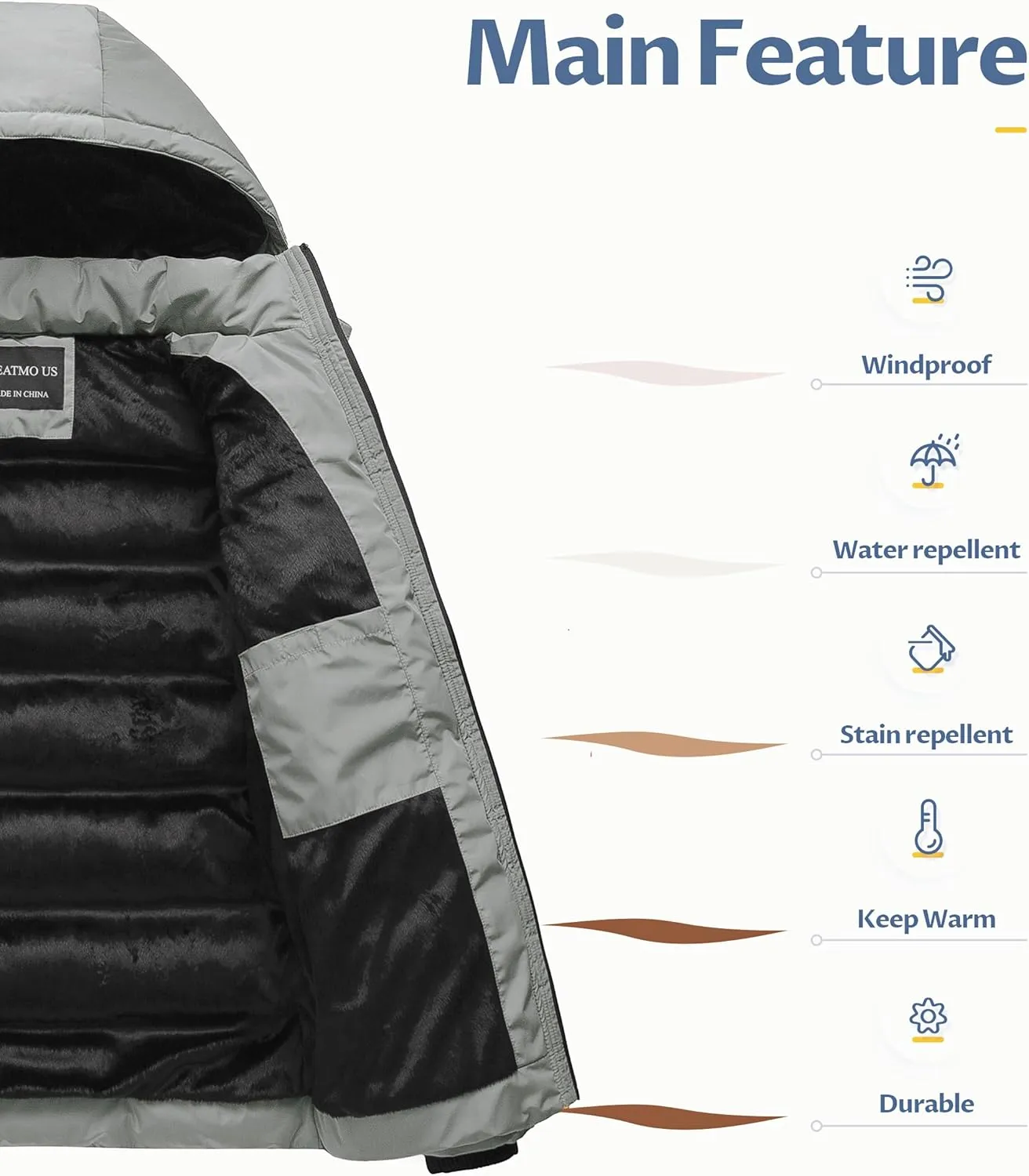 CREATMO US Men's Puffer Jacket Waterproof Winter Parka jacket Warm Thicken Ski Coat
