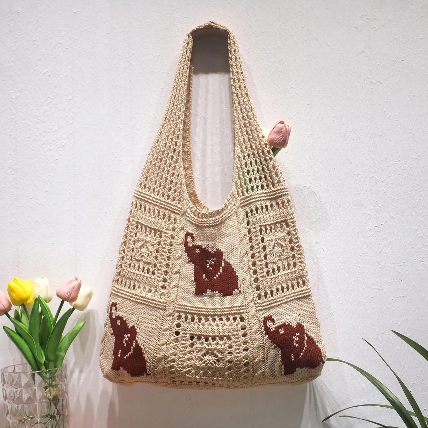 Crochet Tote Bag, Elephant Beach Mesh Knitted Bag Shoulder Bag Handbags for Women Summer