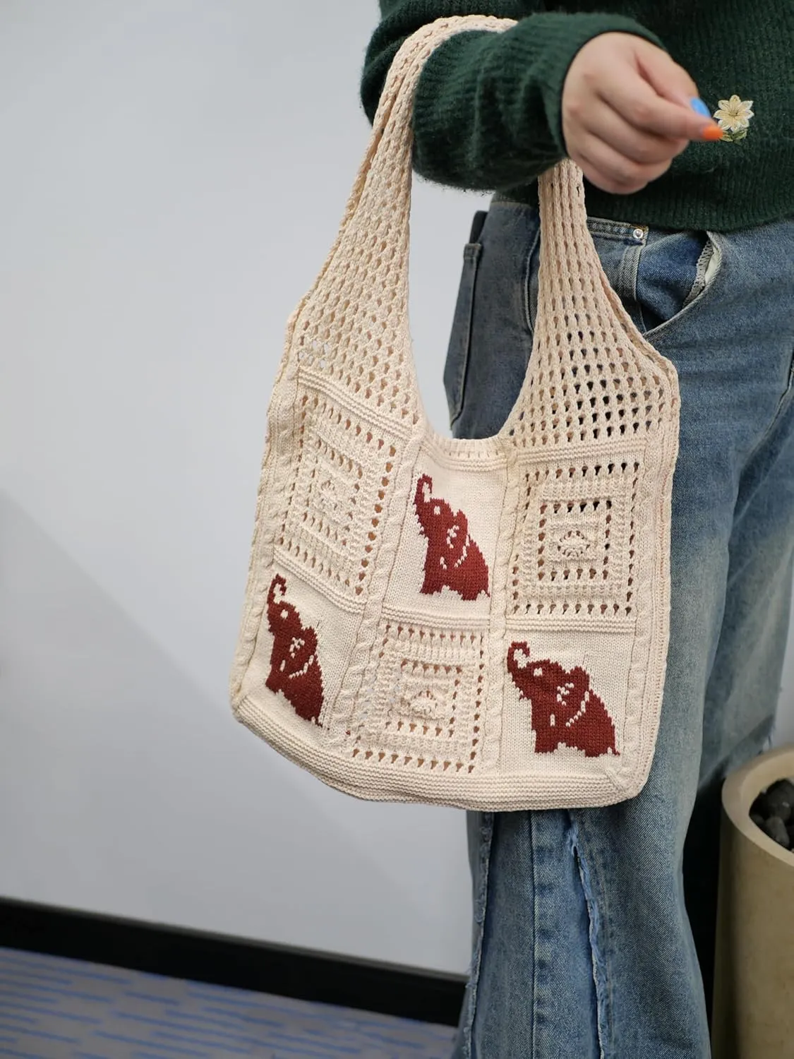 Crochet Tote Bag, Elephant Beach Mesh Knitted Bag Shoulder Bag Handbags for Women Summer