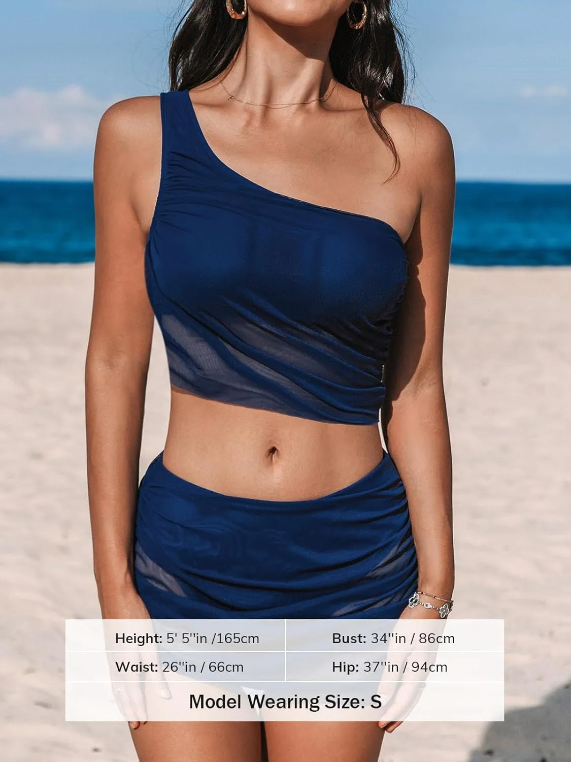 CUPSHE Women's Bikini Sets Two Piece Bathing Suit One Shoulder Ruched Mesh Mid Rise Skirt Bottom Asymmetrical
