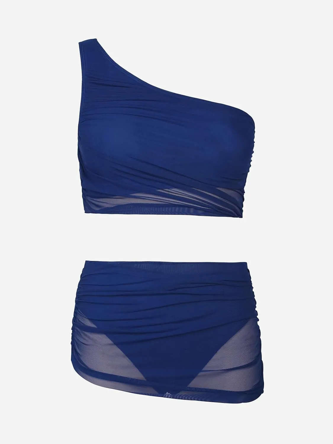 CUPSHE Women's Bikini Sets Two Piece Bathing Suit One Shoulder Ruched Mesh Mid Rise Skirt Bottom Asymmetrical