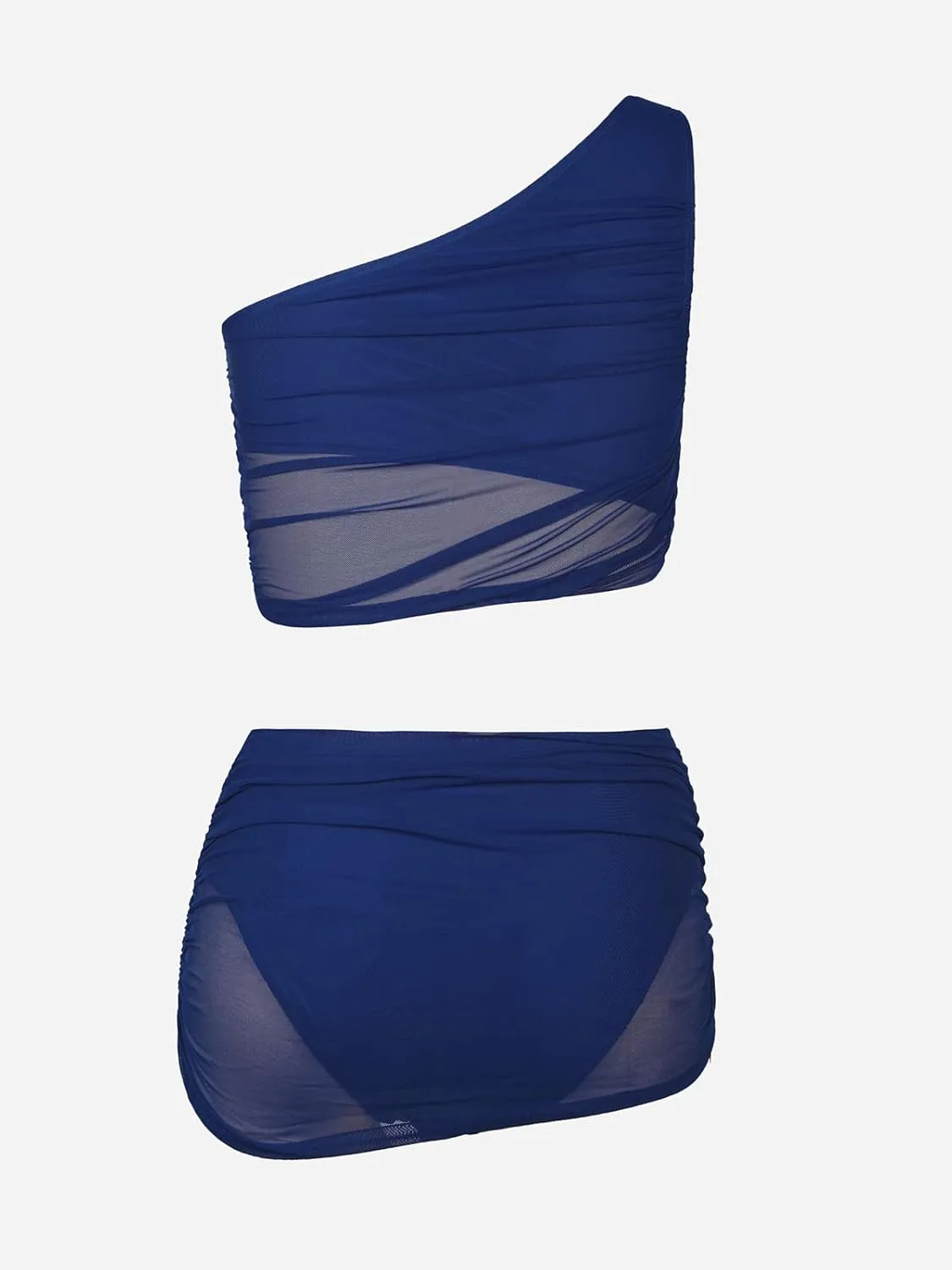 CUPSHE Women's Bikini Sets Two Piece Bathing Suit One Shoulder Ruched Mesh Mid Rise Skirt Bottom Asymmetrical