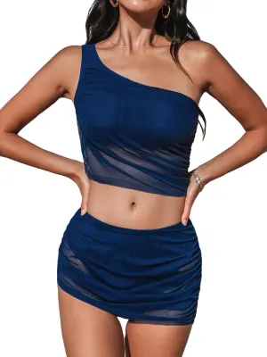 CUPSHE Women's Bikini Sets Two Piece Bathing Suit One Shoulder Ruched Mesh Mid Rise Skirt Bottom Asymmetrical