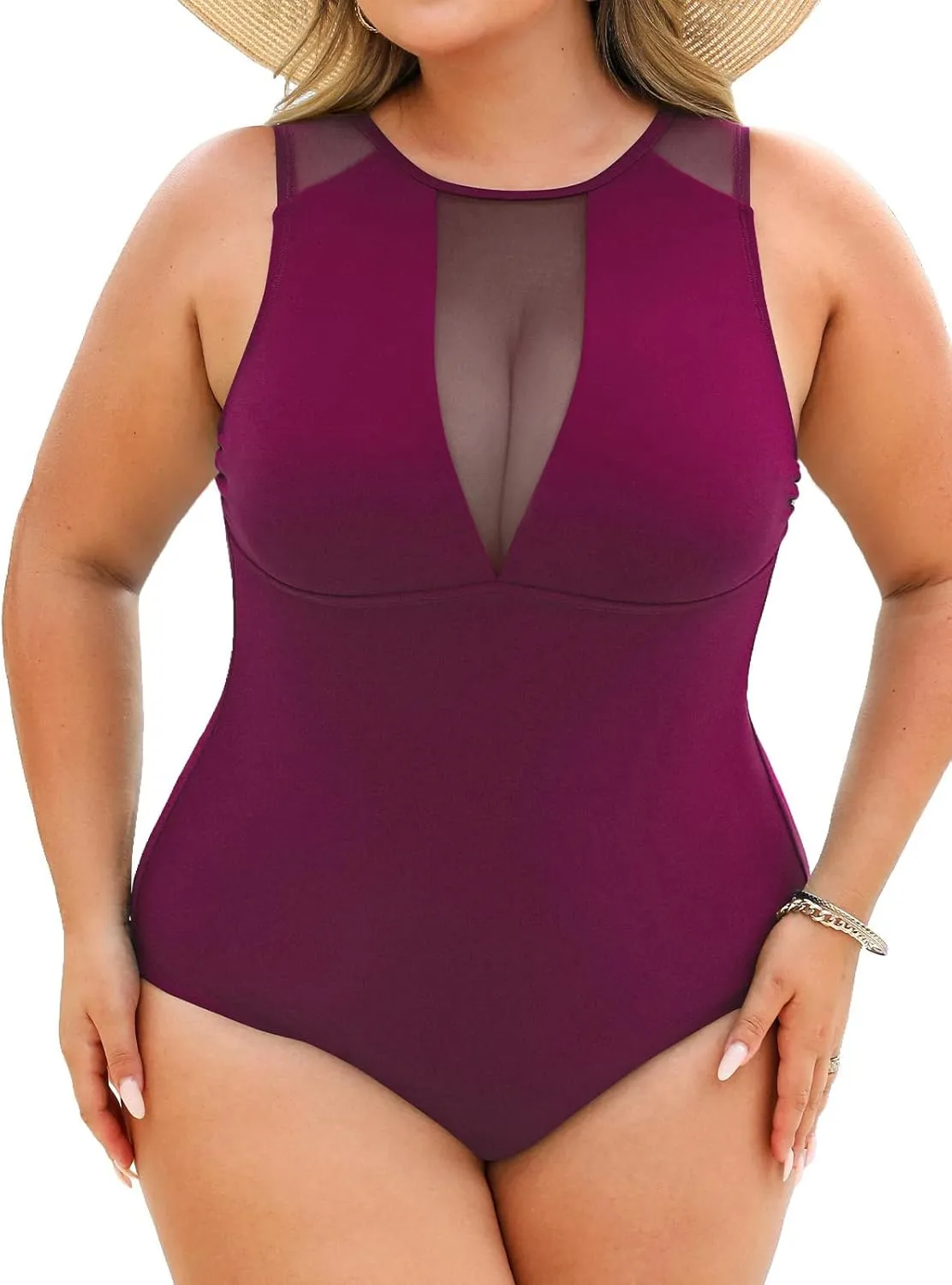 CUPSHE Women's One Piece Swimsuit Plus Size Bathing Suit Mesh Crew Neck Swimwear Back Tie