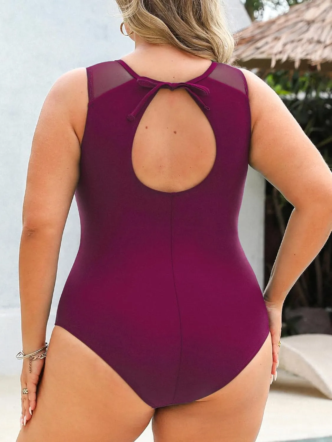CUPSHE Women's One Piece Swimsuit Plus Size Bathing Suit Mesh Crew Neck Swimwear Back Tie