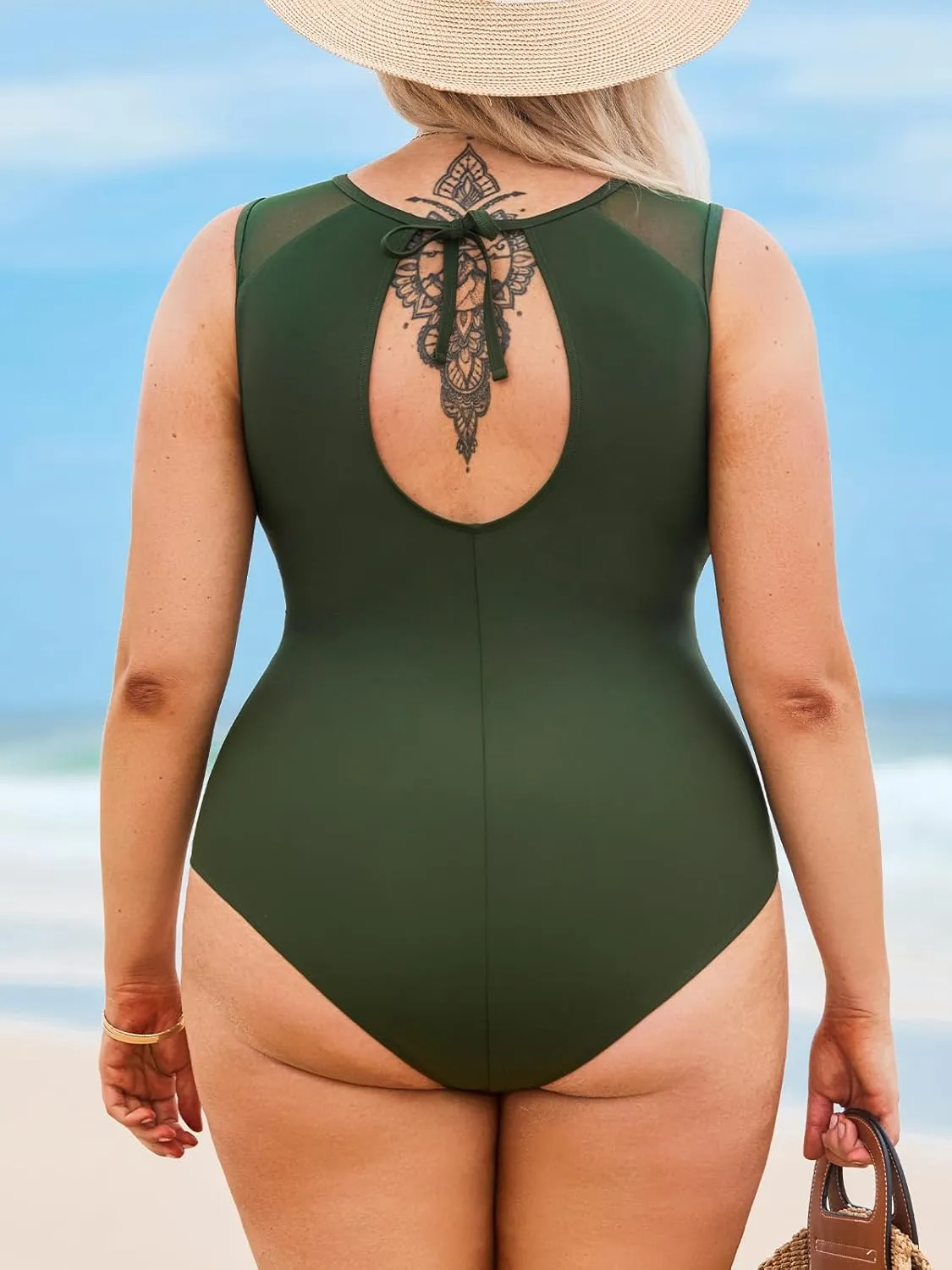 CUPSHE Women's One Piece Swimsuit Plus Size Bathing Suit Mesh Crew Neck Swimwear Back Tie