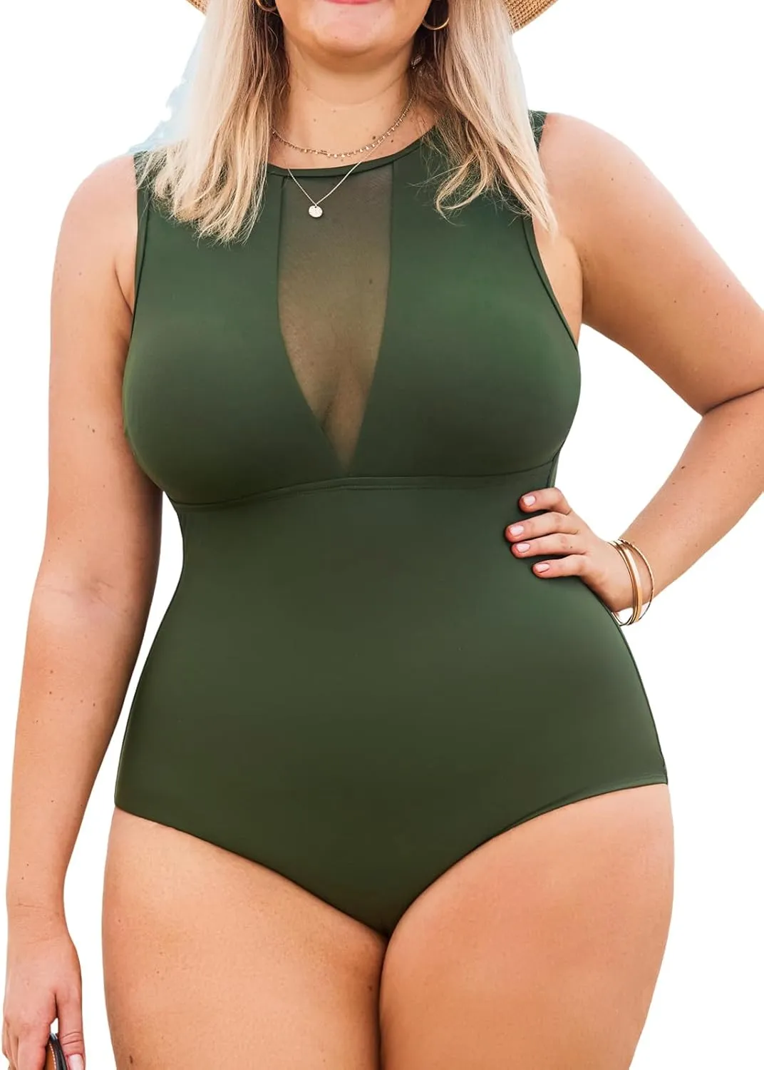 CUPSHE Women's One Piece Swimsuit Plus Size Bathing Suit Mesh Crew Neck Swimwear Back Tie