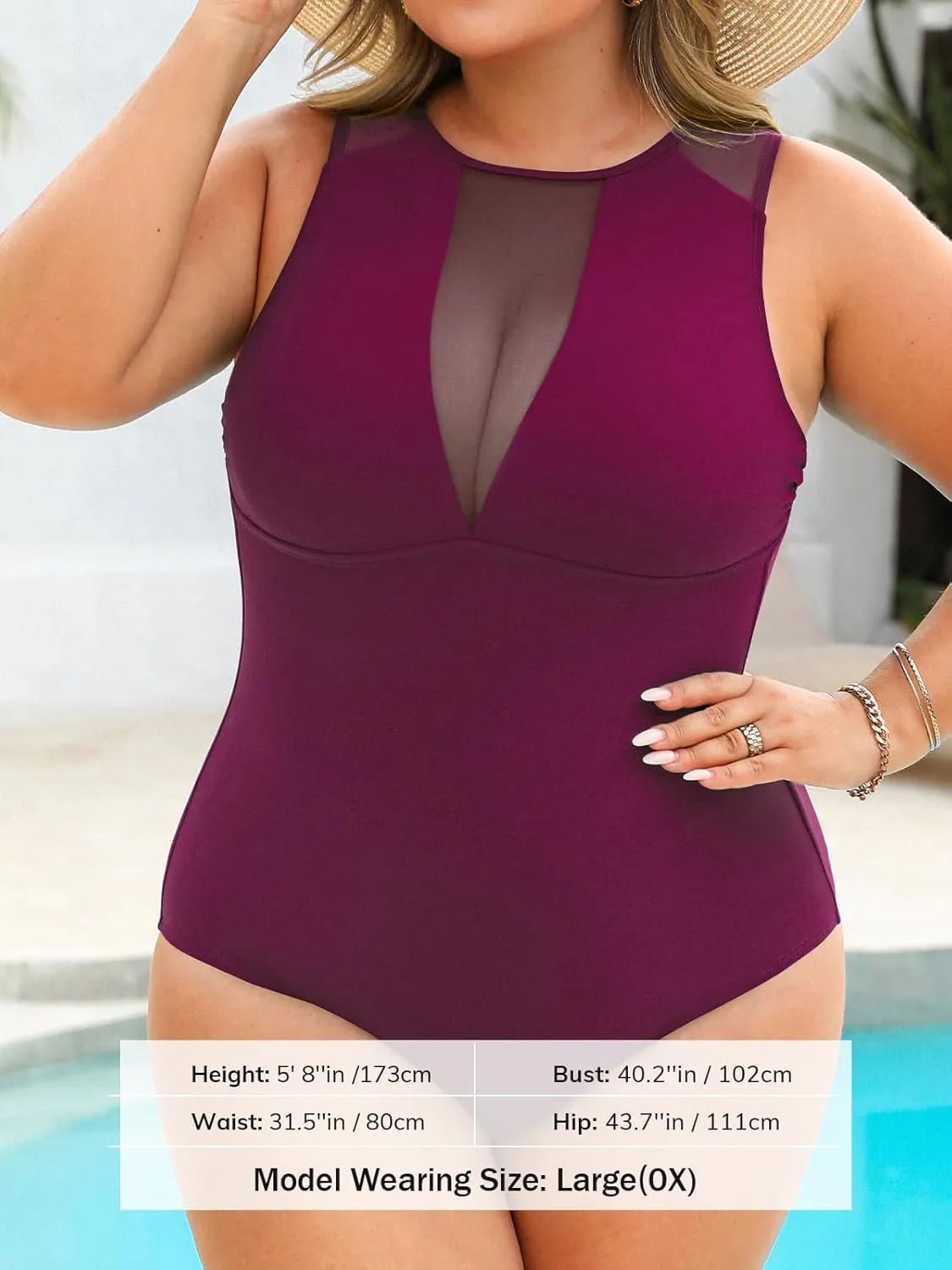 CUPSHE Women's One Piece Swimsuit Plus Size Bathing Suit Mesh Crew Neck Swimwear Back Tie