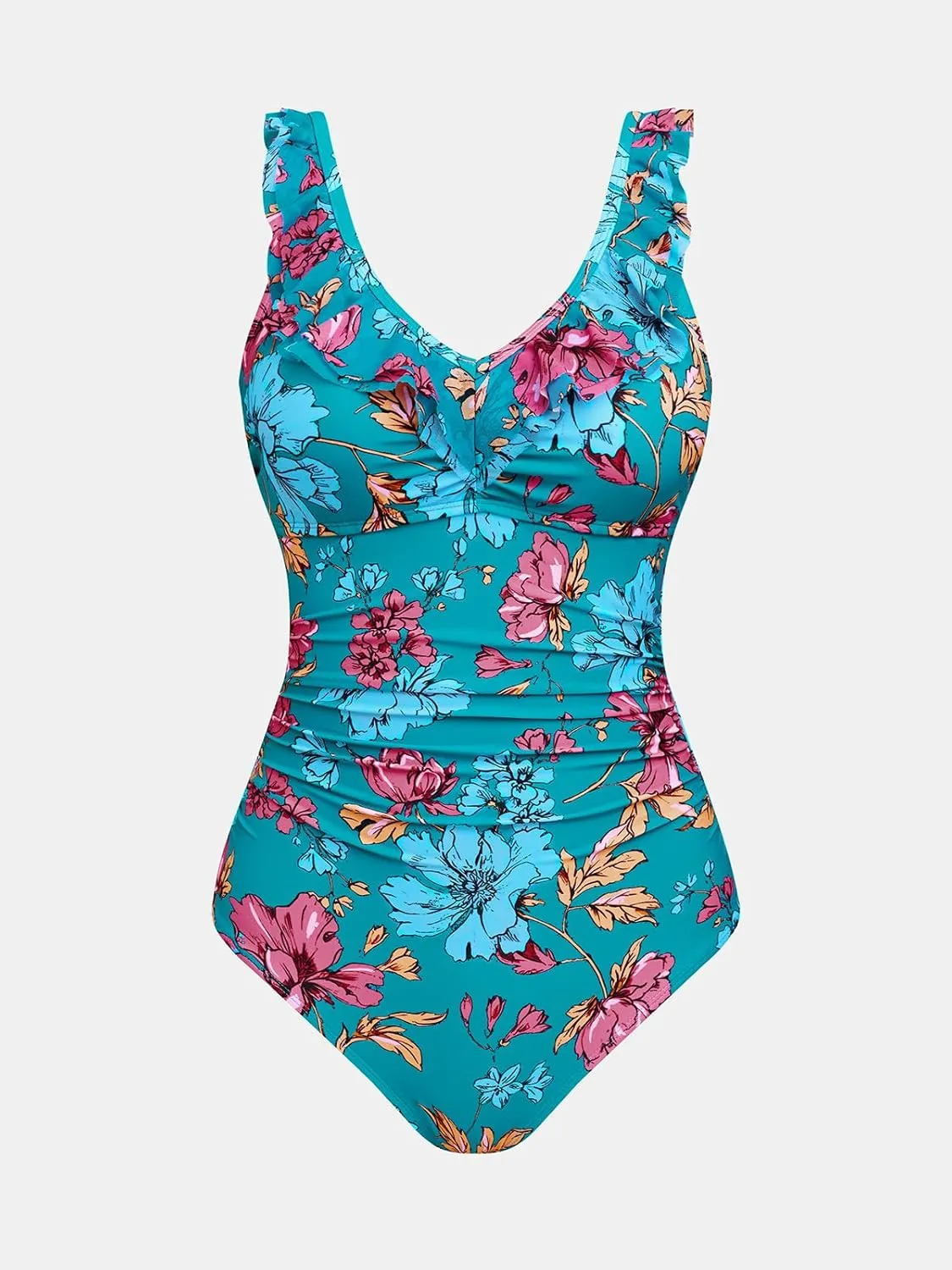CUPSHE Women's One Piece Swimsuit Ruched Bathing Suit Ruffle V Neck Cutout Back Hook Mesh Adjustable Straps