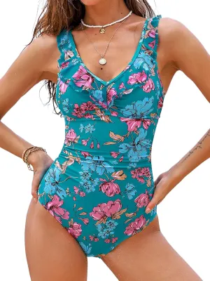 CUPSHE Women's One Piece Swimsuit Ruched Bathing Suit Ruffle V Neck Cutout Back Hook Mesh Adjustable Straps