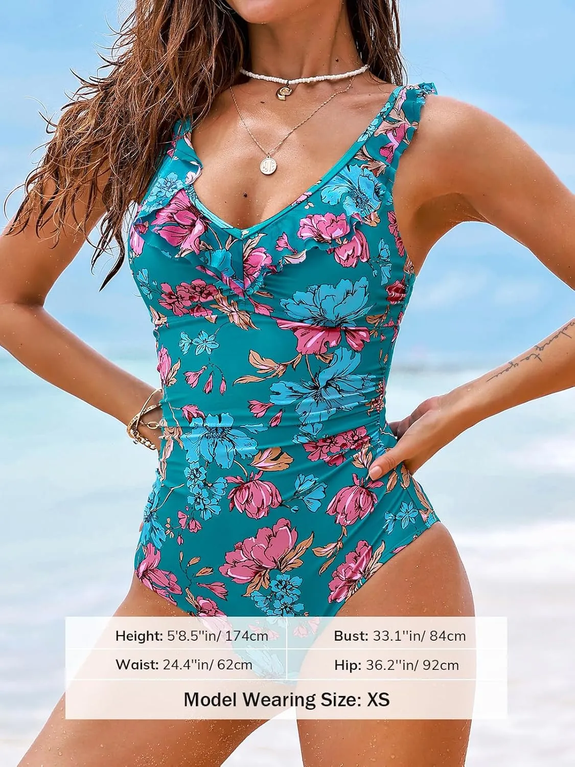 CUPSHE Women's One Piece Swimsuit Ruched Bathing Suit Ruffle V Neck Cutout Back Hook Mesh Adjustable Straps