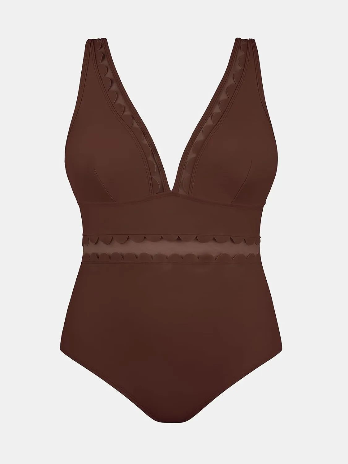 CUPSHE Women's Plus Size One Piece Swimsuit V Neck Mesh Scalloped Bathing Suit Adjustable Straps