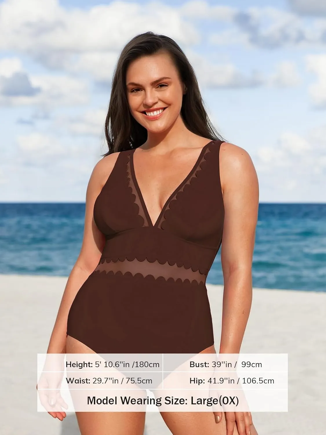CUPSHE Women's Plus Size One Piece Swimsuit V Neck Mesh Scalloped Bathing Suit Adjustable Straps
