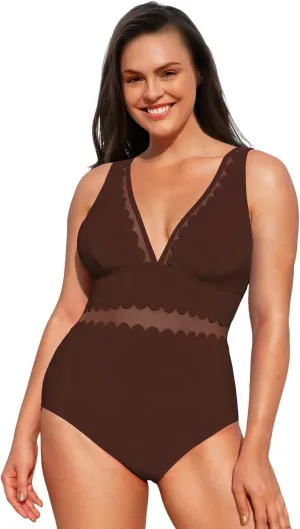 CUPSHE Women's Plus Size One Piece Swimsuit V Neck Mesh Scalloped Bathing Suit Adjustable Straps