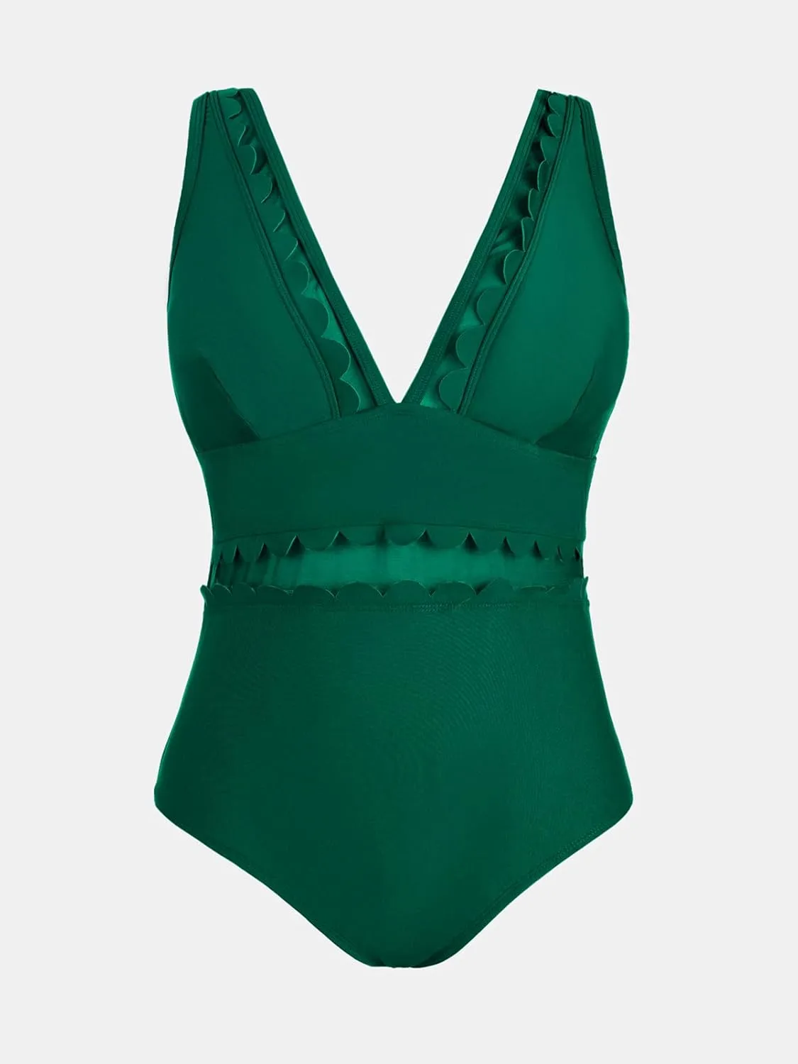 CUPSHE Women's Plus Size One Piece Swimsuit V Neck Mesh Scalloped Bathing Suit Adjustable Straps