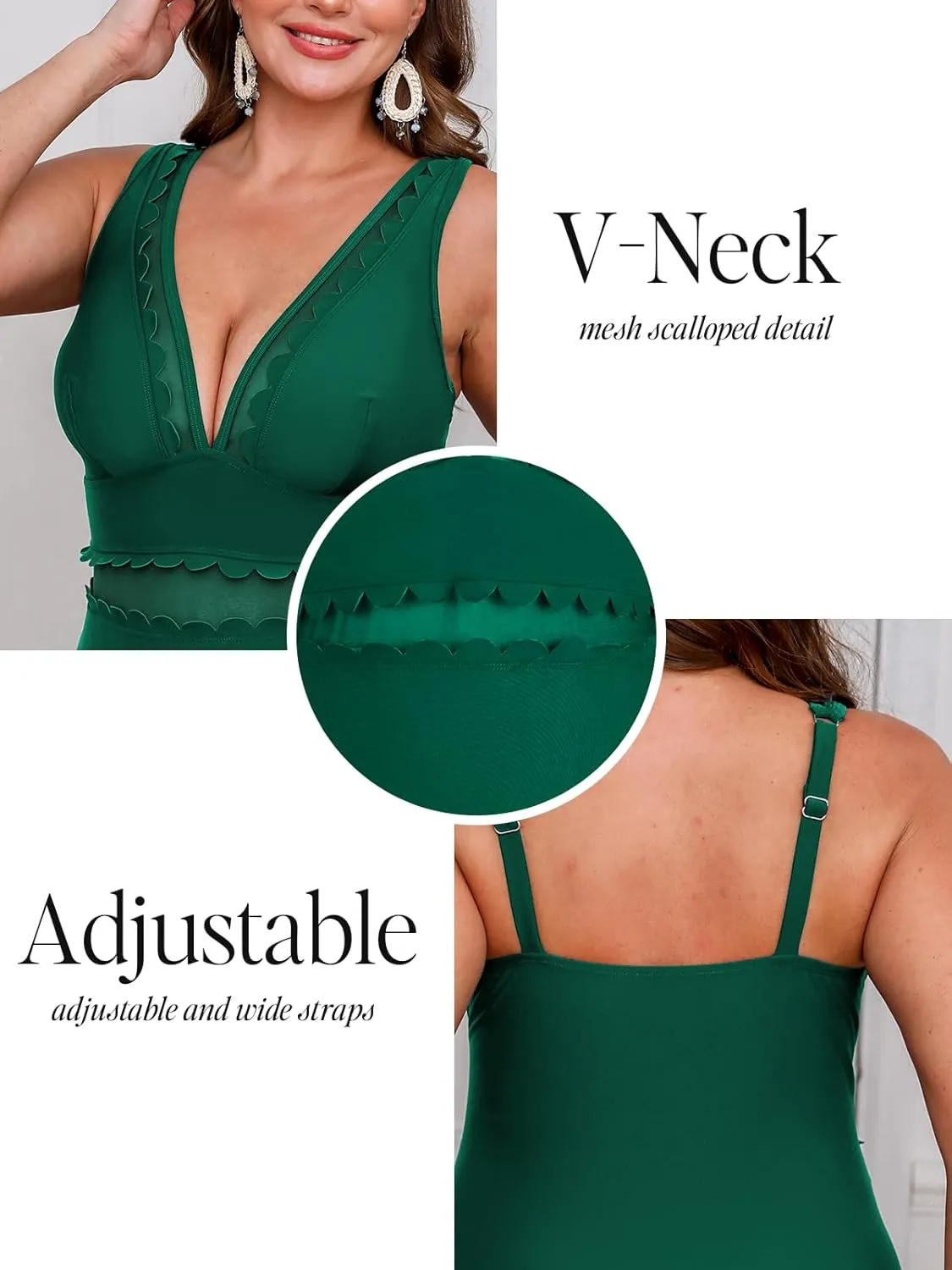 CUPSHE Women's Plus Size One Piece Swimsuit V Neck Mesh Scalloped Bathing Suit Adjustable Straps