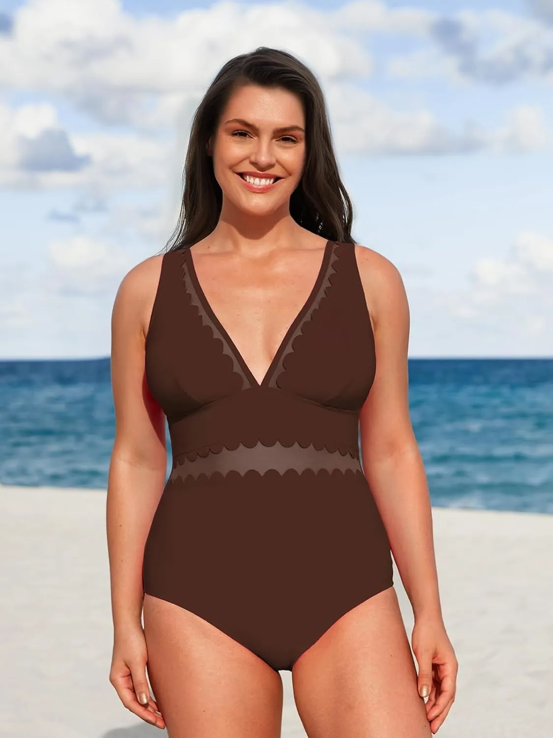 CUPSHE Women's Plus Size One Piece Swimsuit V Neck Mesh Scalloped Bathing Suit Adjustable Straps