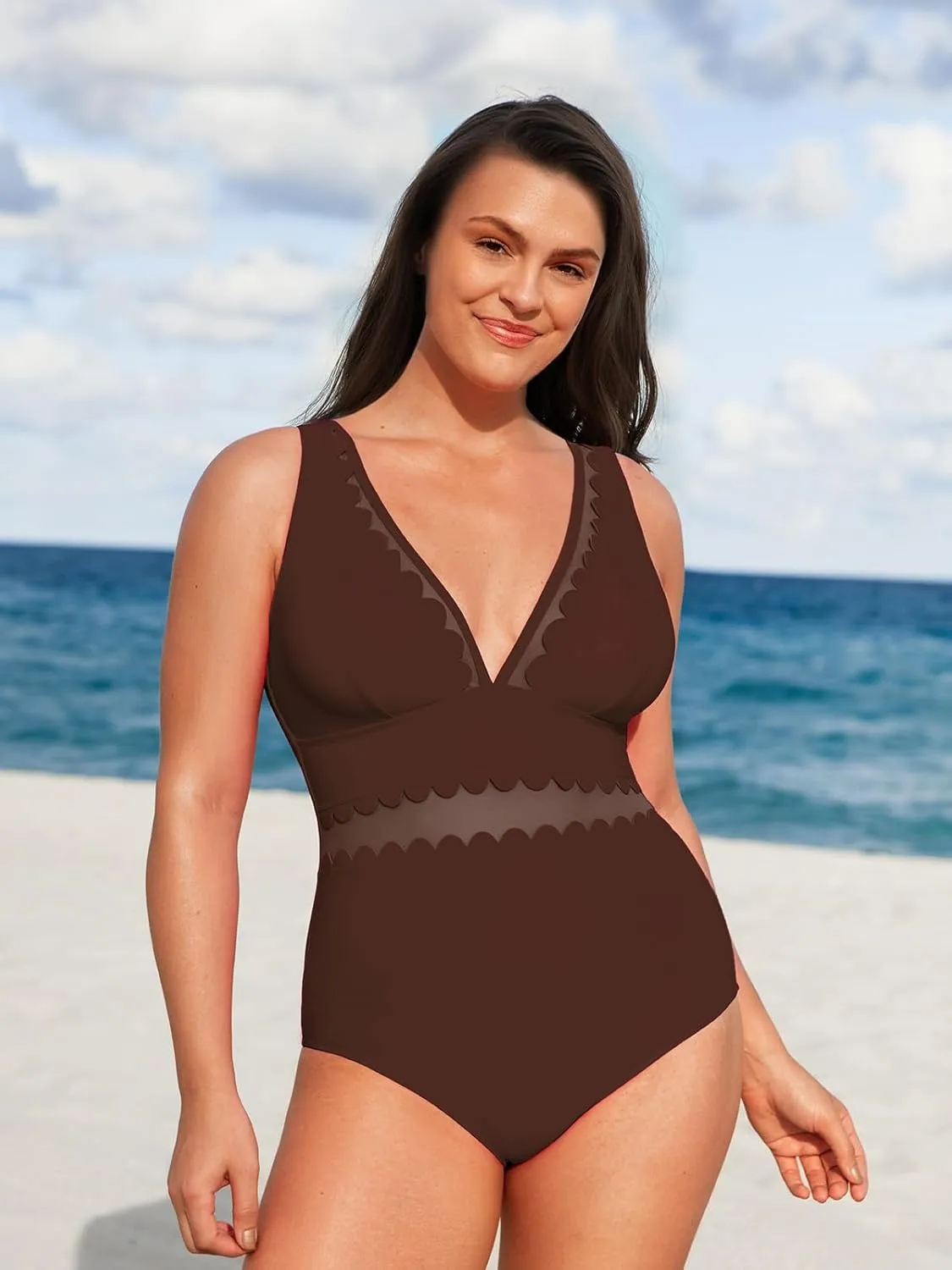 CUPSHE Women's Plus Size One Piece Swimsuit V Neck Mesh Scalloped Bathing Suit Adjustable Straps