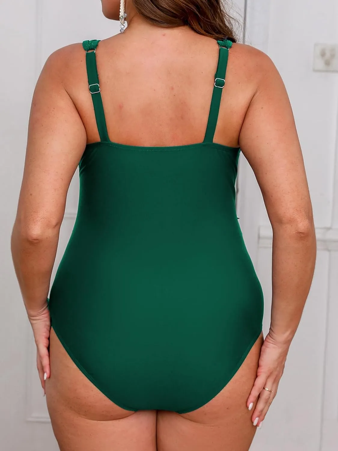 CUPSHE Women's Plus Size One Piece Swimsuit V Neck Mesh Scalloped Bathing Suit Adjustable Straps