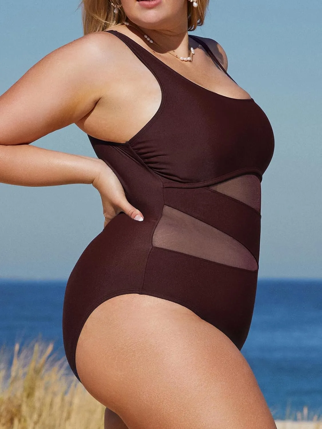 CUPSHE Women's Plus Size Swimsuit One Piece Bathing Suit Mesh Removable Straps Swimwear